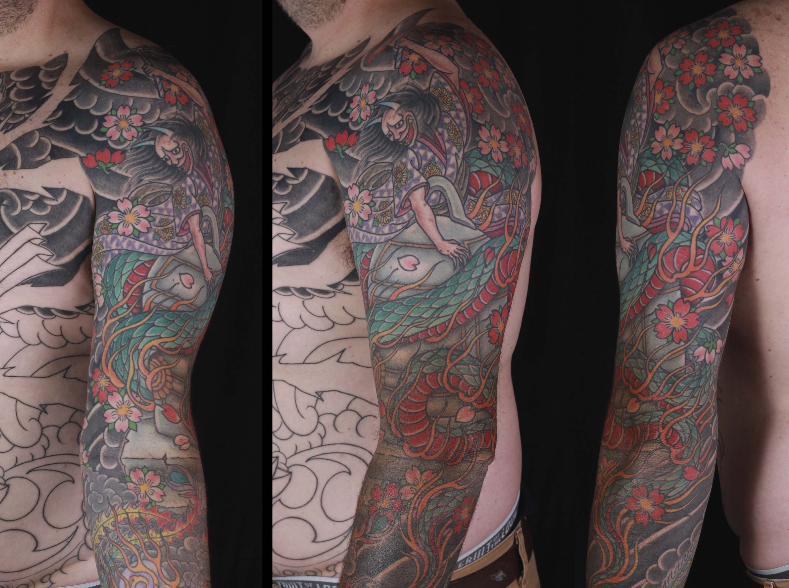 brian-thurow-dedication-tattoo-japanese-hannya-serpent-kiyohime-cherry-blossoms-sleeve-arm