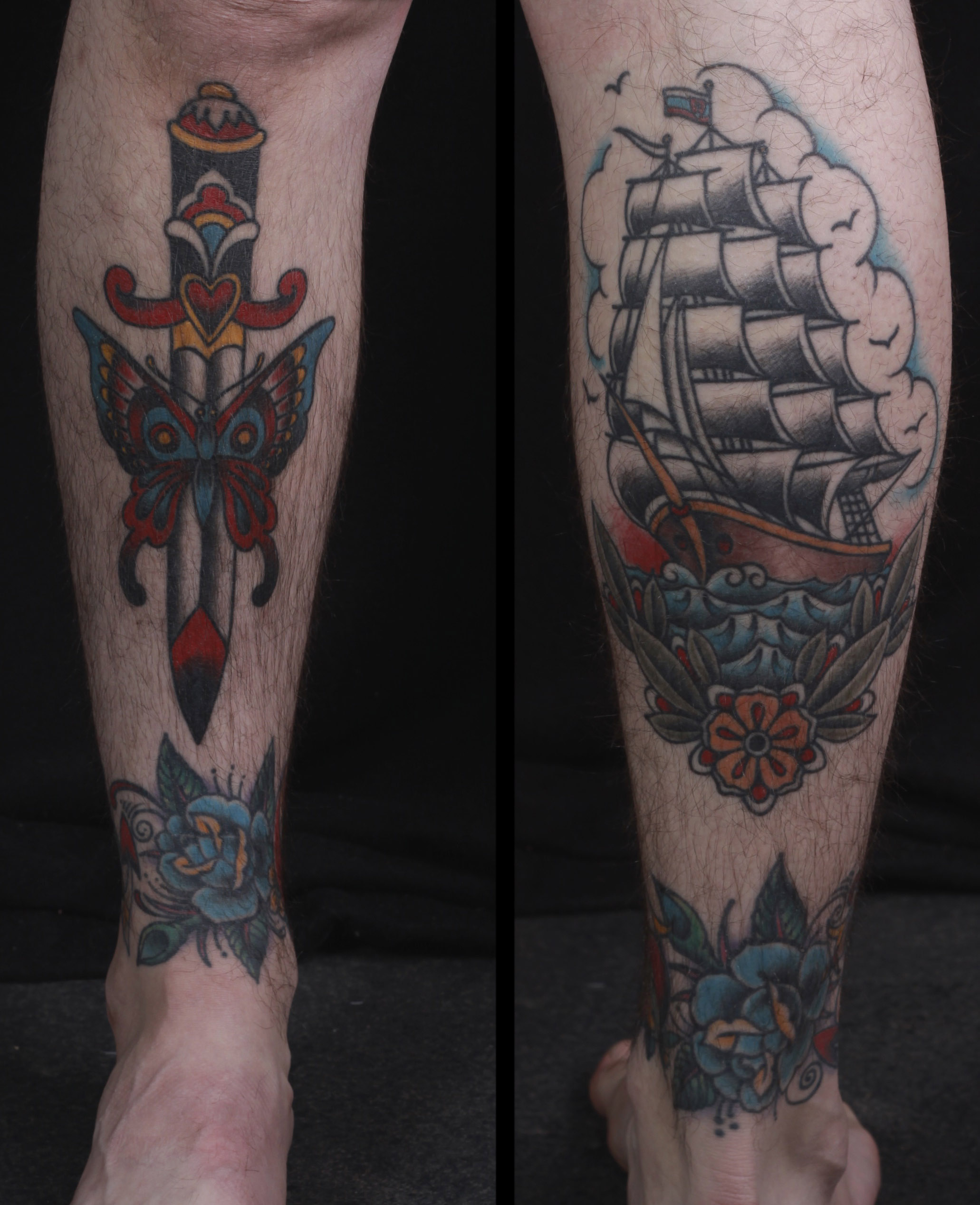 brian-thurow-dedication-tattoo-traditional-butterfly-dagger-ship-flowers-shin-calf