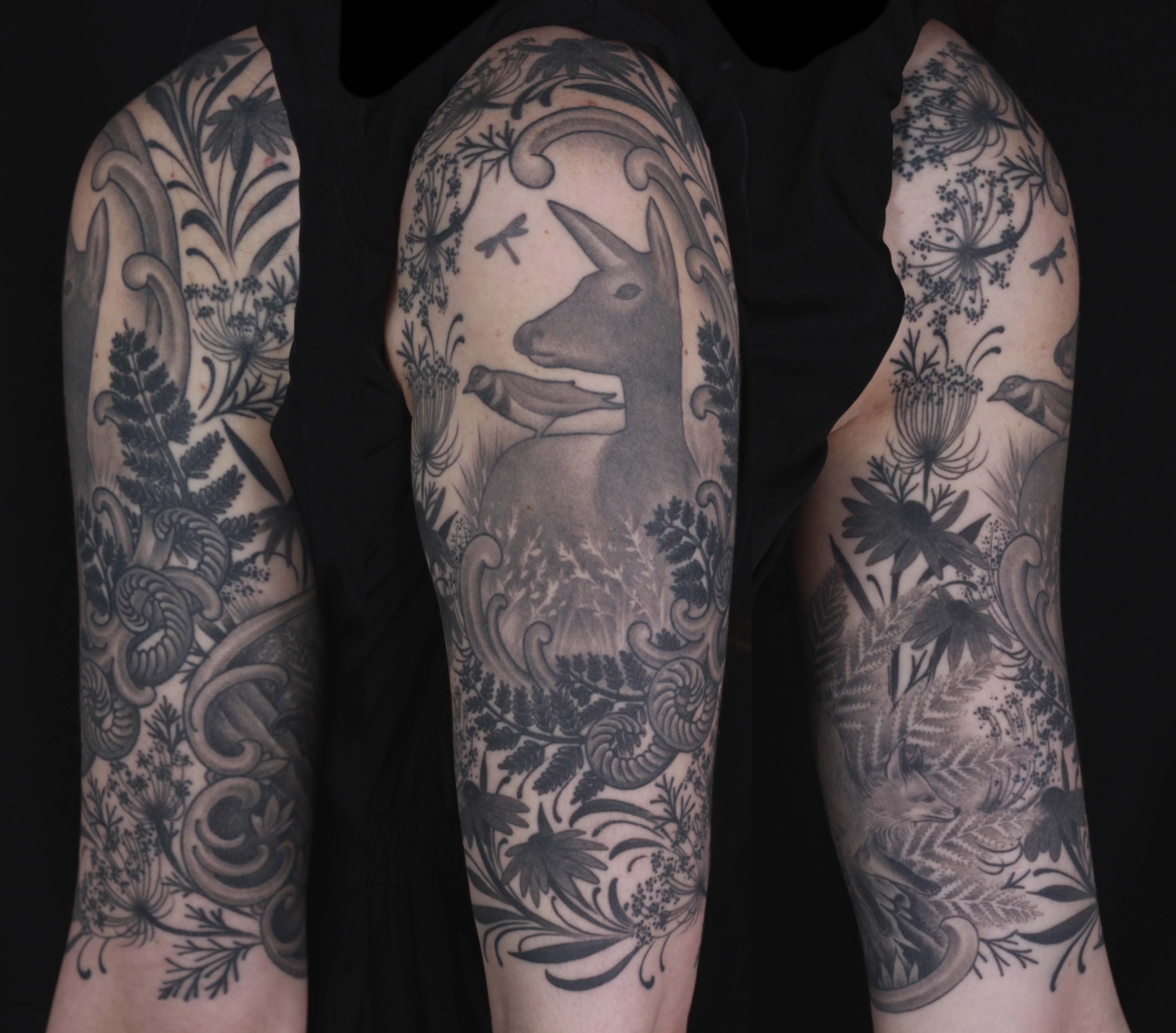 brian-thurow-dedication-tattoo-black-and-grey-deer-foliage-leaves-arm