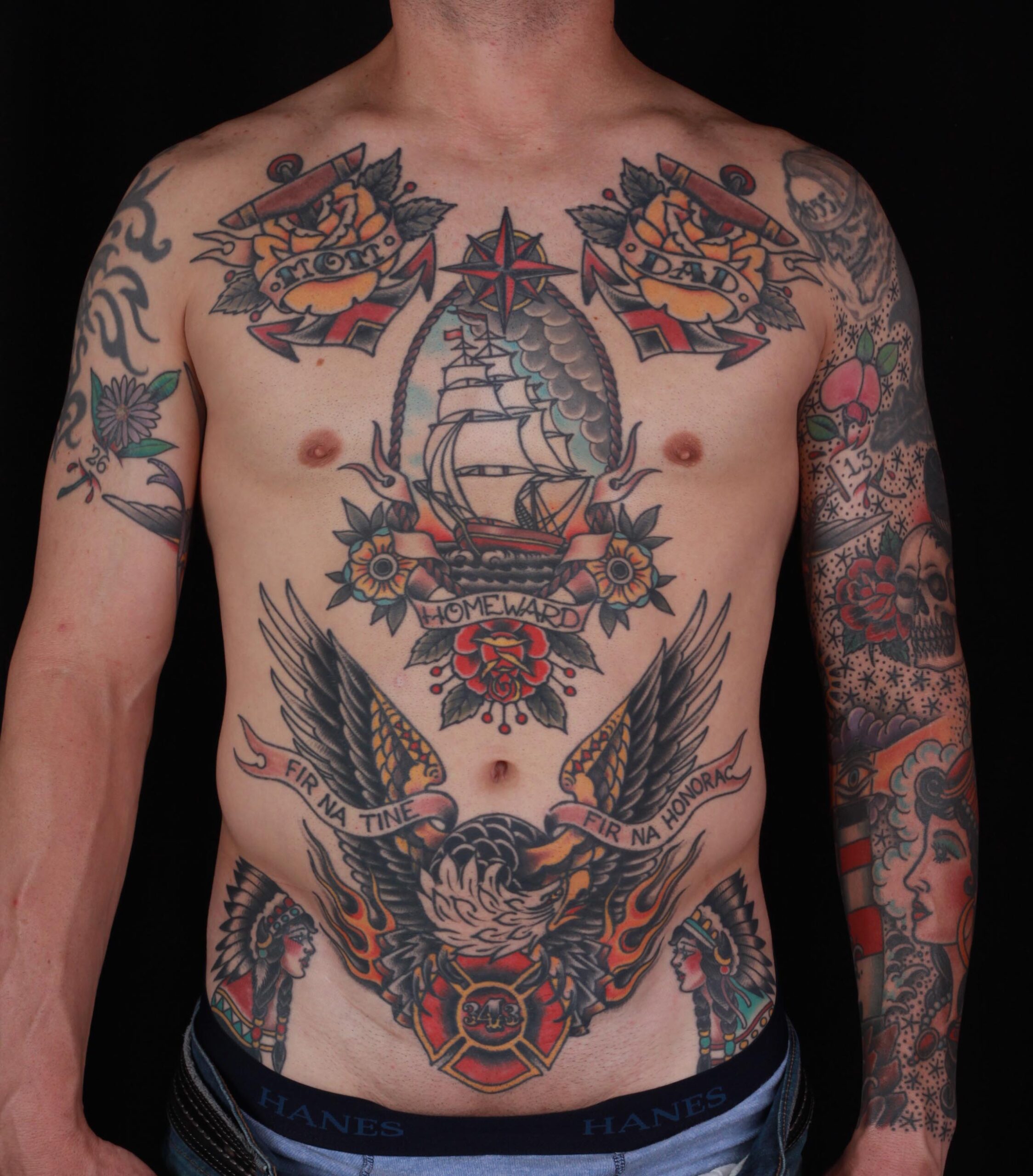brian-thurow-dedication-tattoo-traditional-eagle-homeward-ship-roses-anchor-stomach-chest
