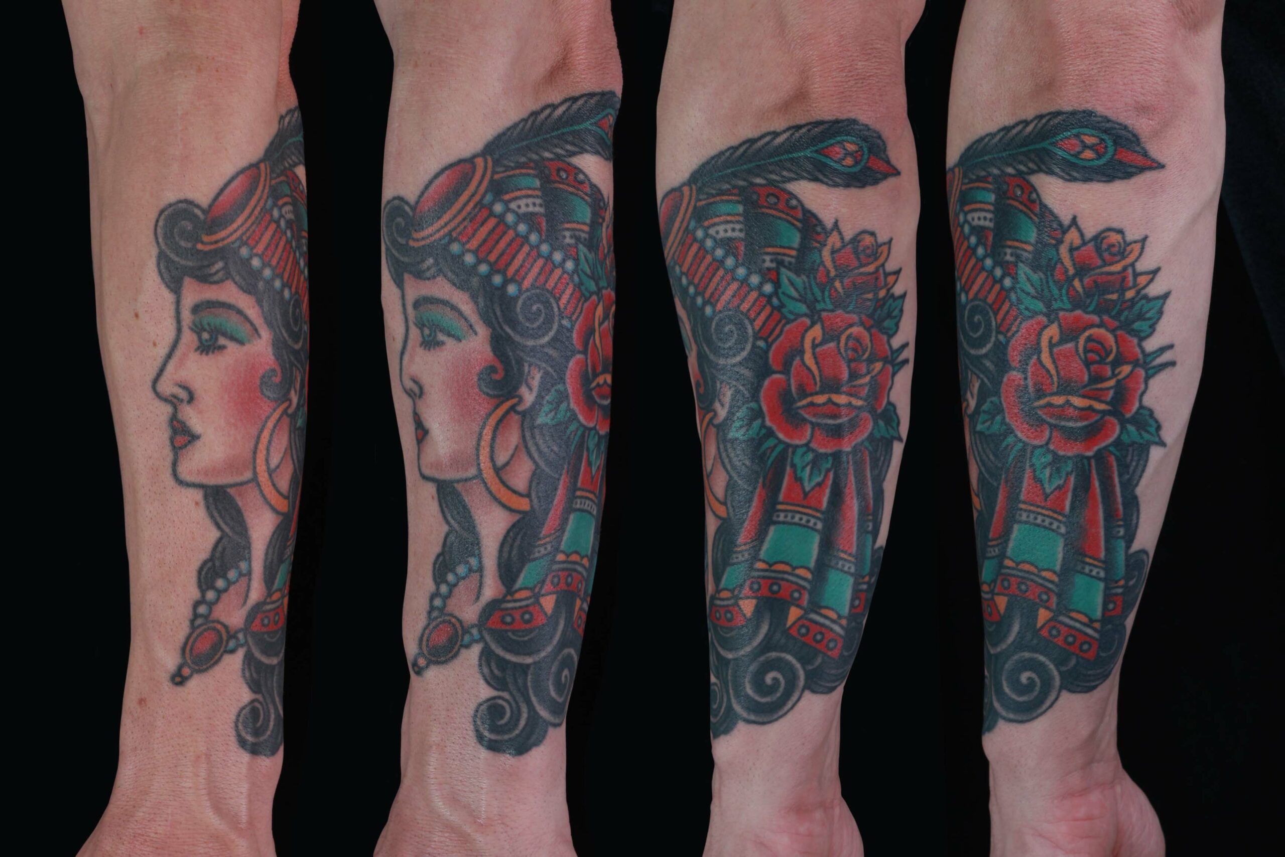 brian-thurow-dedication-tattoo-traditional-girl-gypsy-scarf-roses-forearm