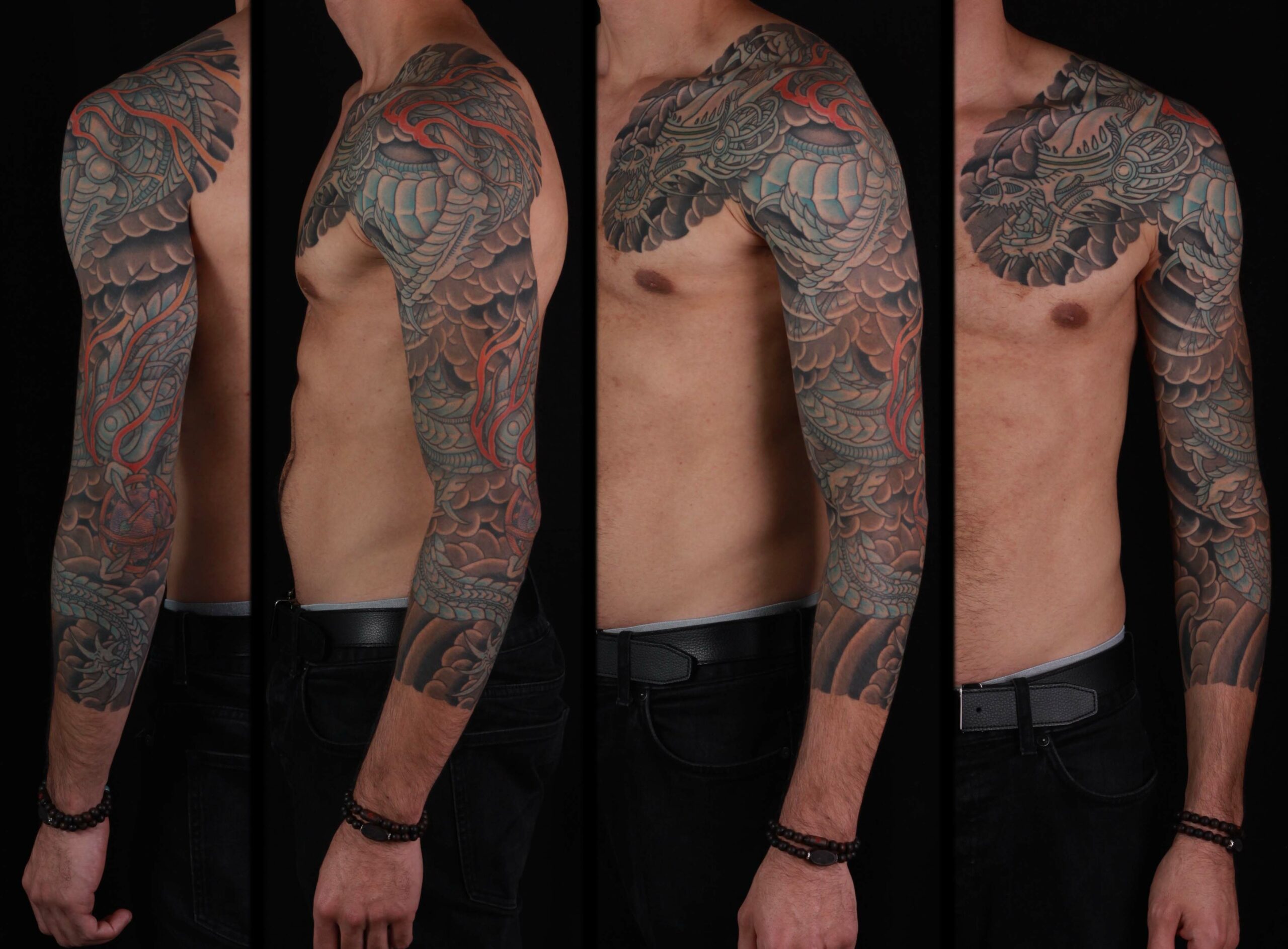 brian-thurow-dedication-tattoo-japanese-robotic-biomech-dragon-clouds-sleeve-arm