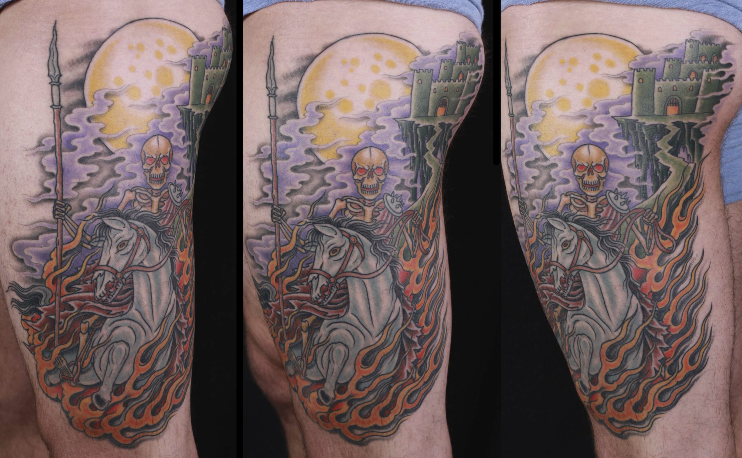 brian-thurow-dedication-tattoo-skeleton-horse-castle-flames-moon-thigh