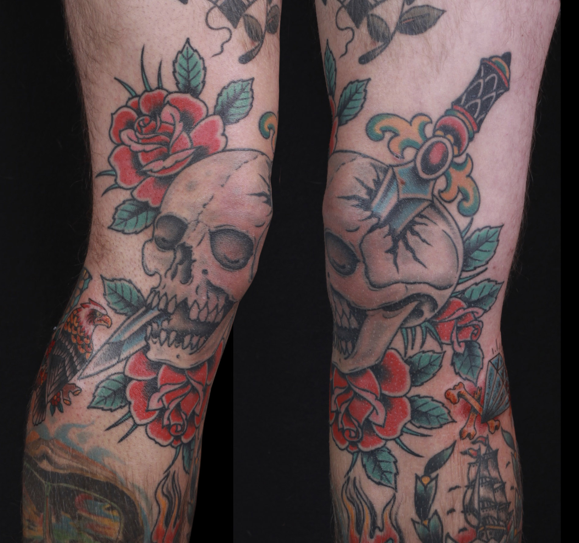 brian-thurow-dedication-tattoo-traditional-skull-dagger-roses-knee