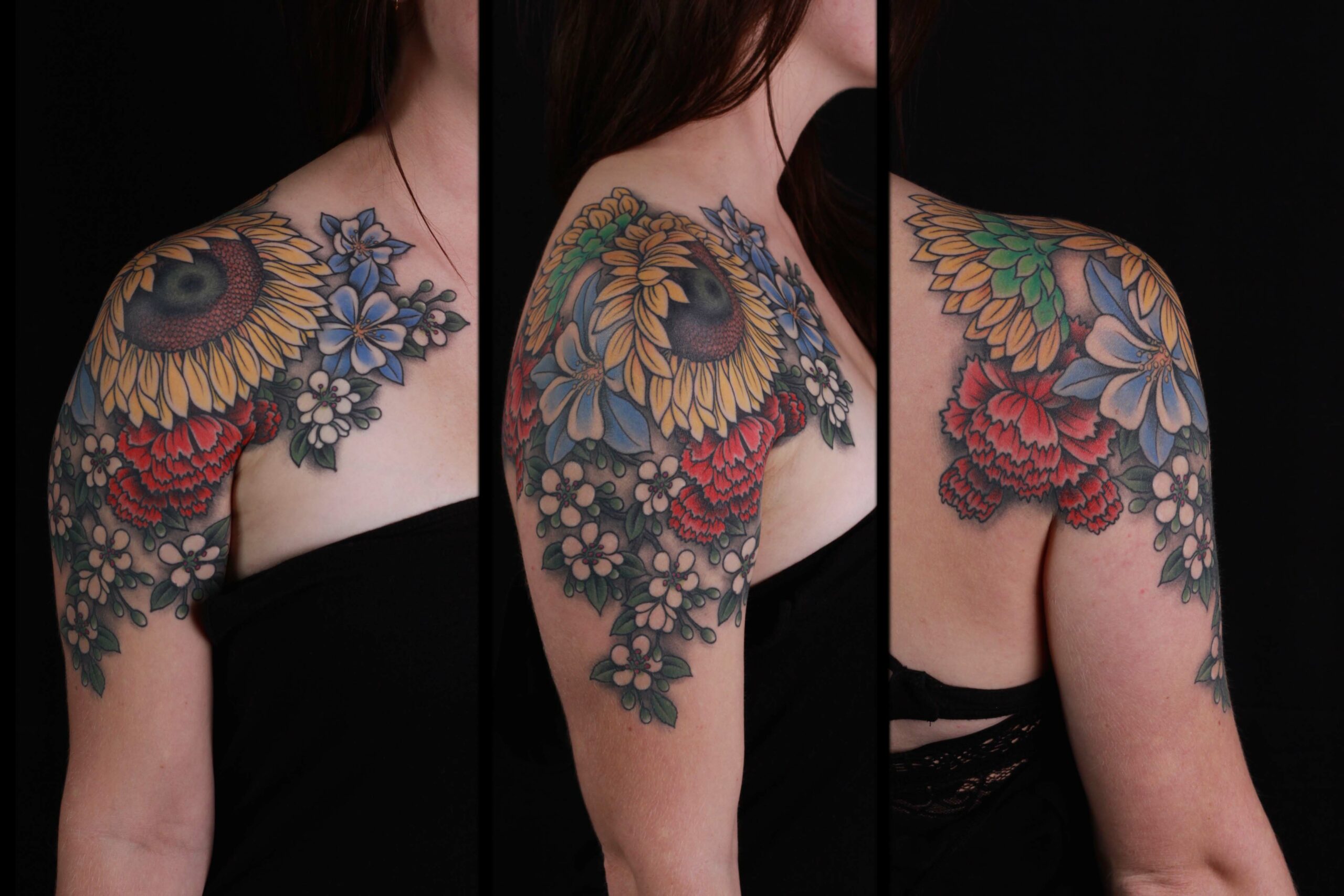 brian-thurow-dedication-tattoo-shoulder-columbine-sunflower-arm-shoulder-chest