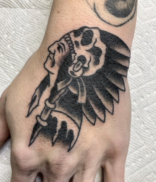 Black and Grey Traditional Native American Chief Tattoo by ALec Rowe