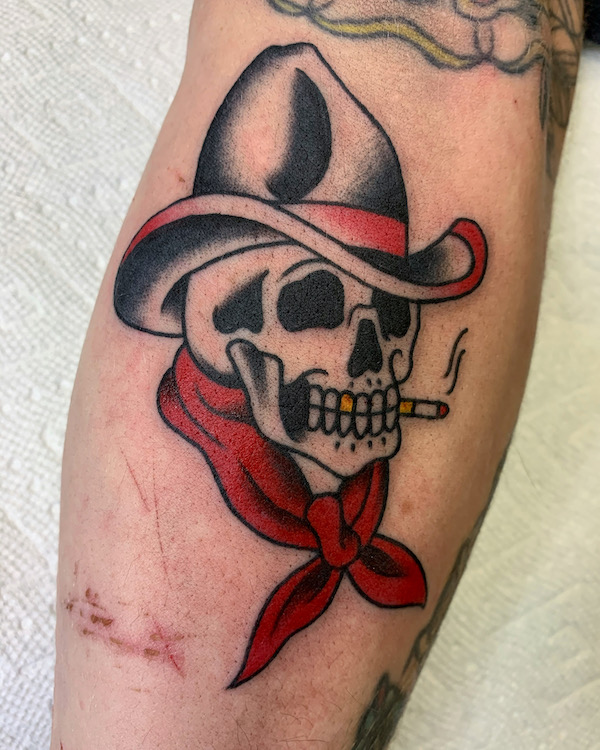 Traditional Cowboy Skull Tattoo by Alec Rowe