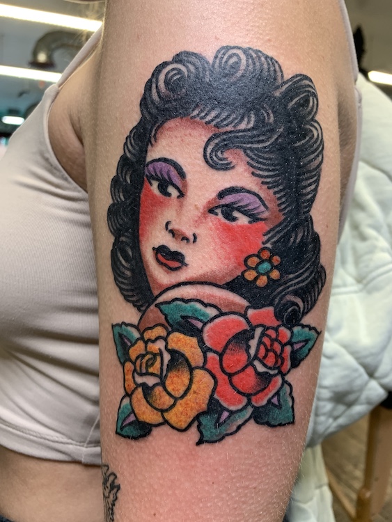 Girl Head and Roses Tattoo