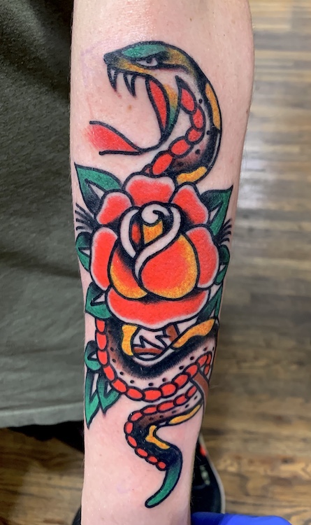 Badass Snake and Rose Tattoo