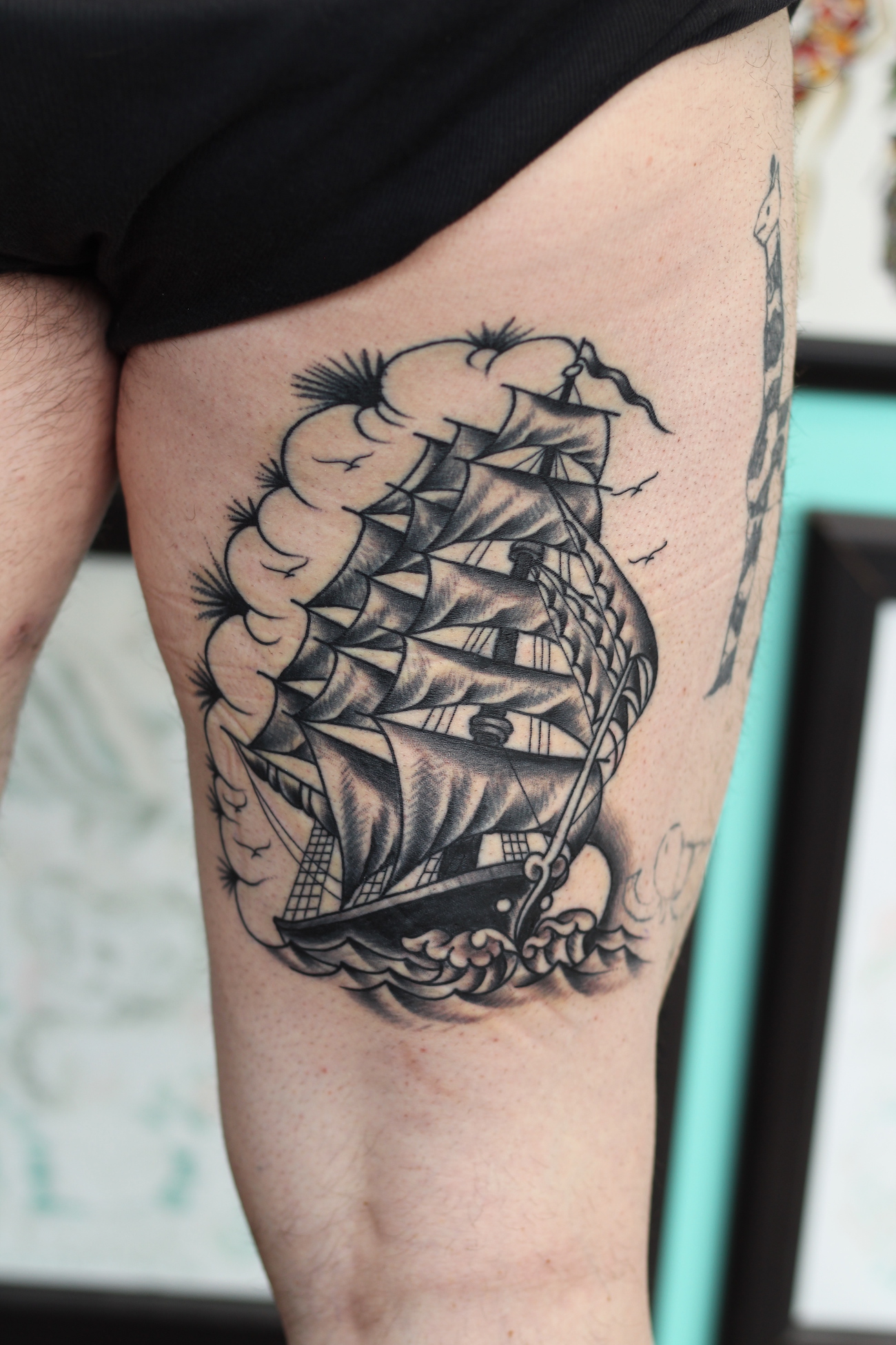 Clipper ship tattooed in the American Traditional style. Made at Denver's finest Dedication Tattoo.