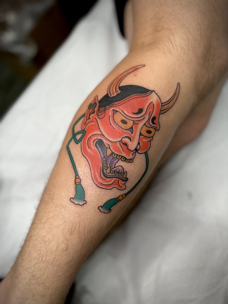 Hannya Mask tattooed in the Japanese Traditional style. Made at Denver's finest Dedication Tattoo.