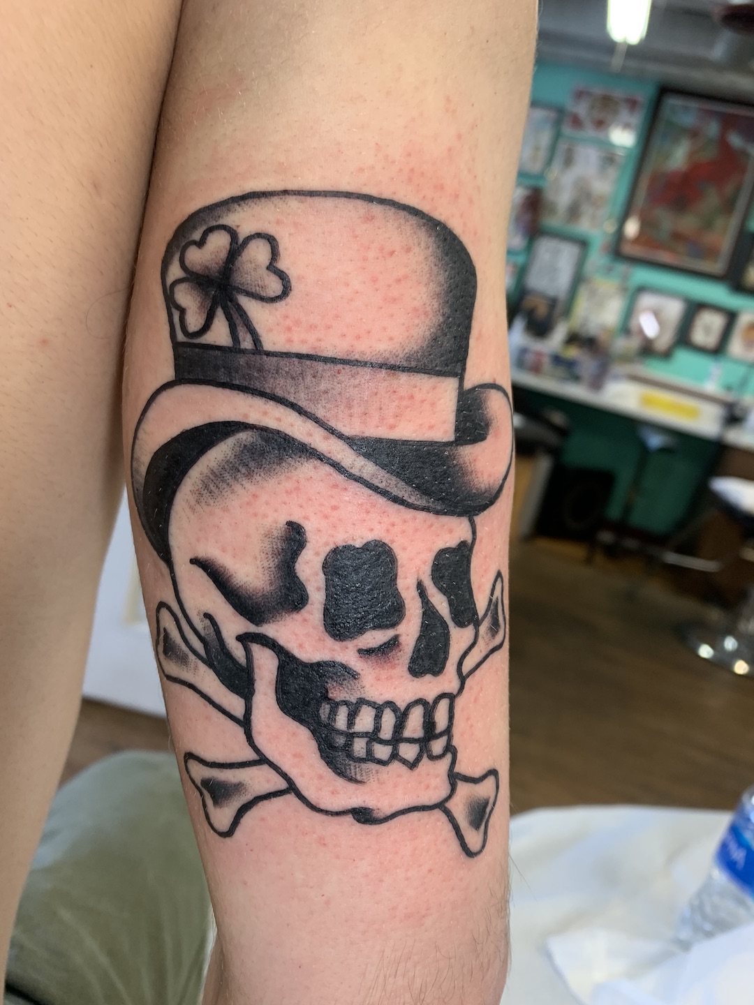 Classic Irishman skull tattooed in the American Traditional style. Made at Denver's finest Dedication Tattoo.