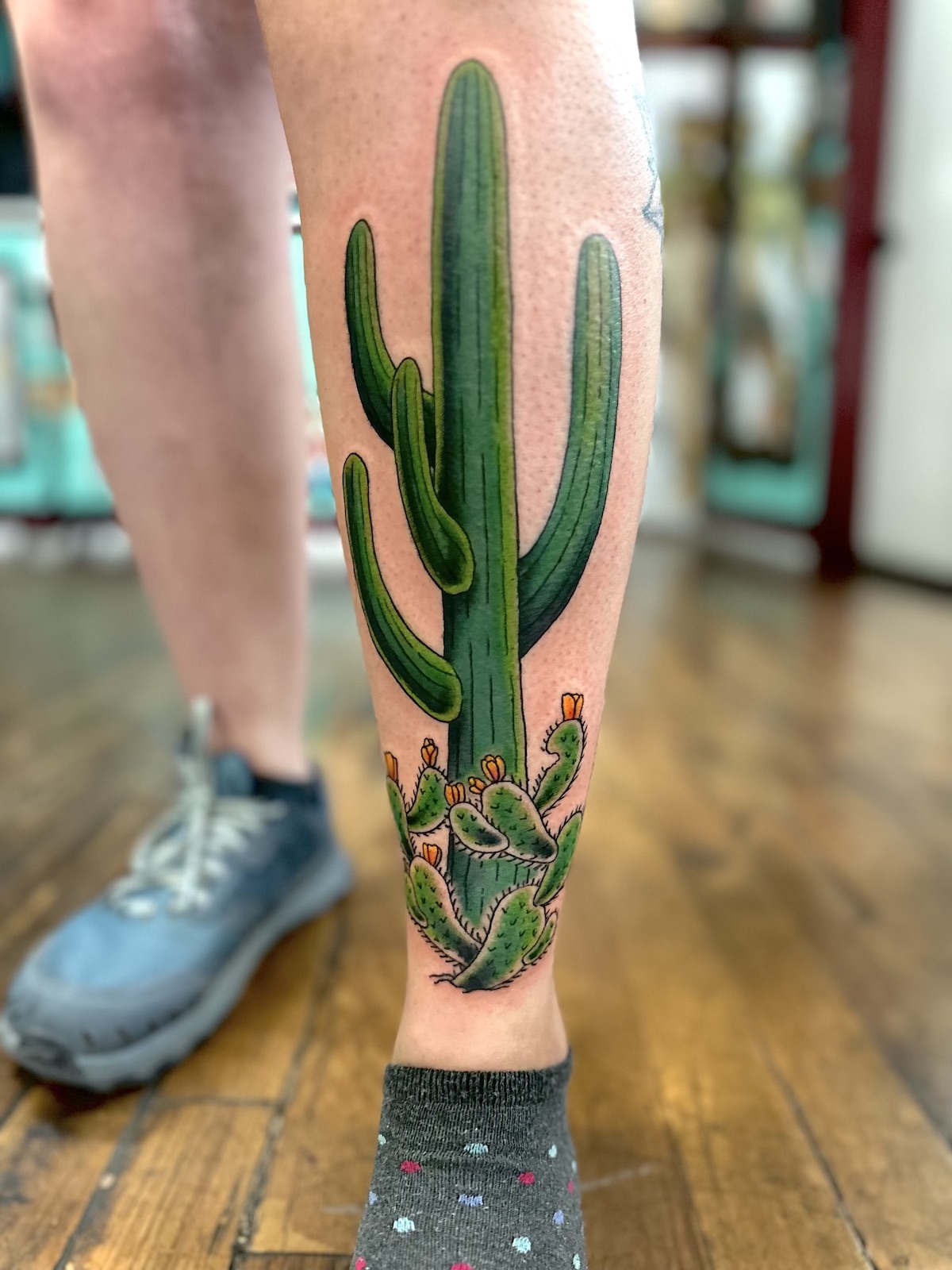 Saguaro cactus tattooed in the American Traditional style. Made at Denver's finest Dedication Tattoo.