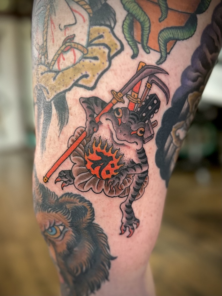 Samurai Toad tattooed in the Japanese Traditional style. Made at Denver's finest Dedication Tattoo.