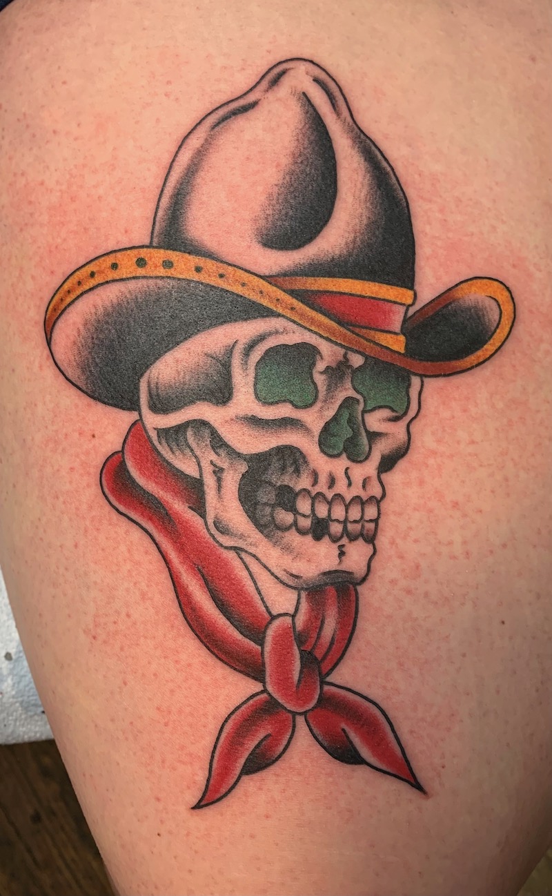 Cowboy Skull tattooed in the American Traditional style. Made at Denver's finest Dedication Tattoo.