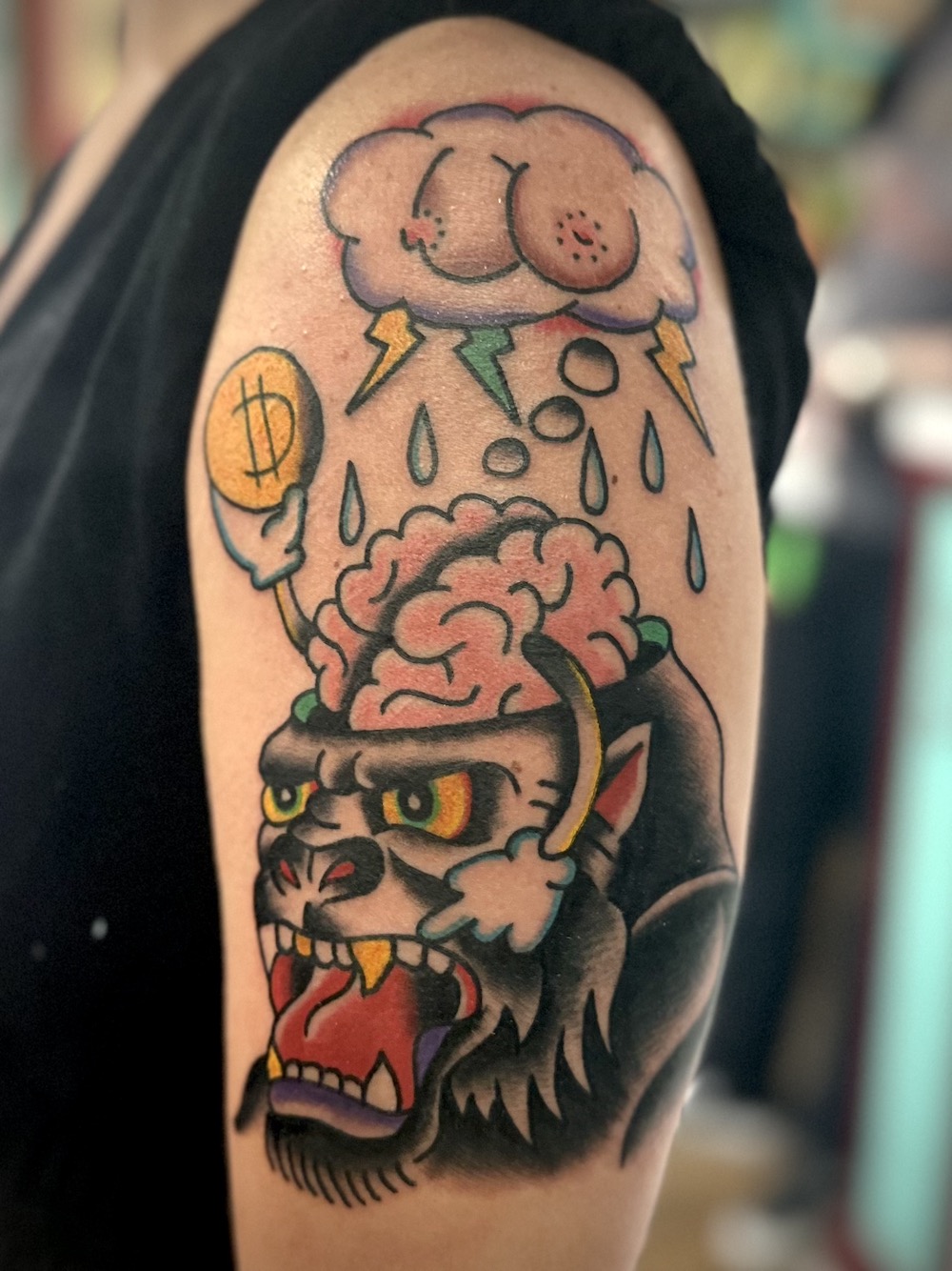 Gorilla Dream tattooed in the American Traditional style. Made at Denver's finest Dedication Tattoo.