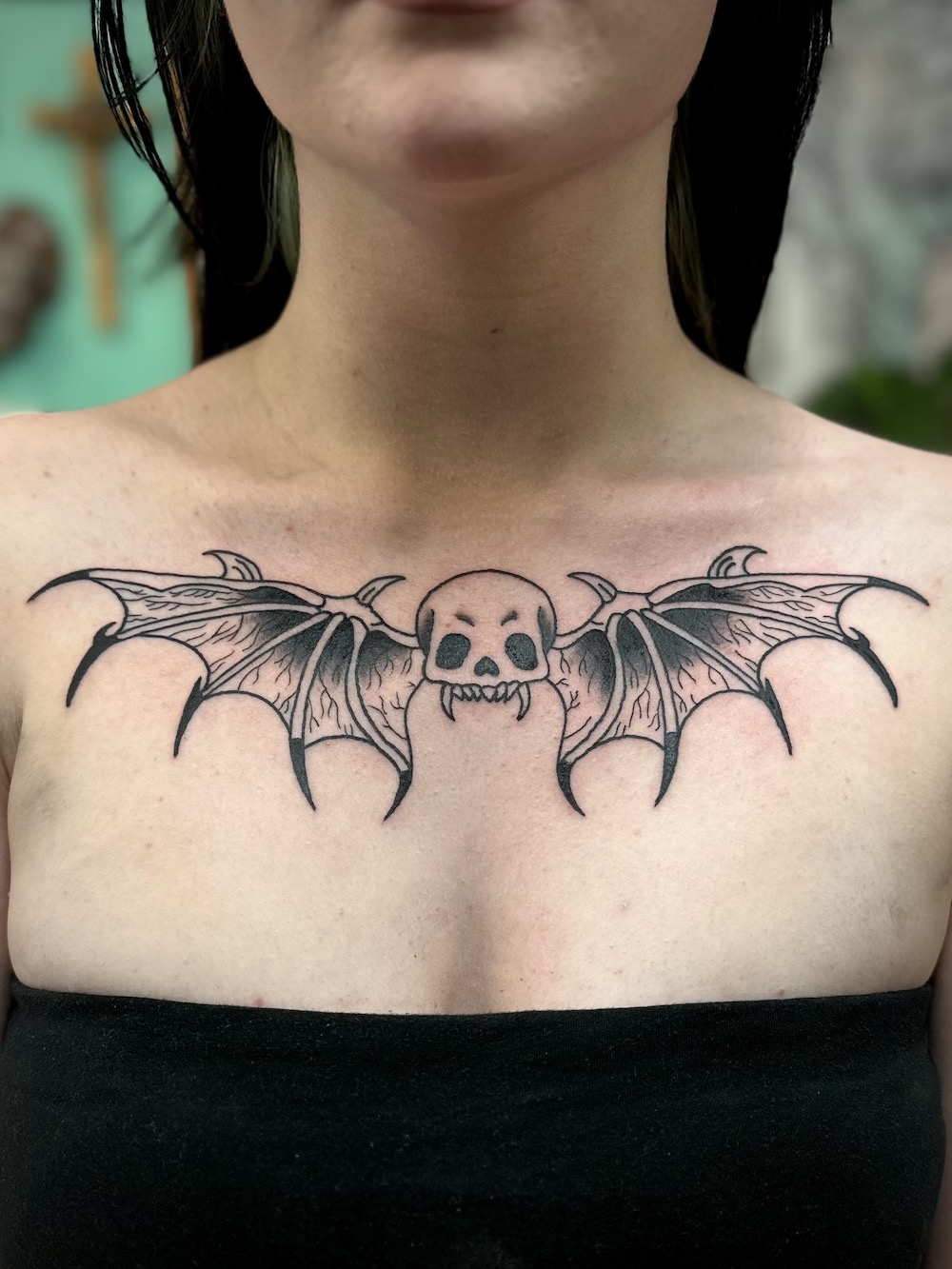 Vampire Bat tattooed in the American Traditional style. Made at Denver's finest Dedication Tattoo.